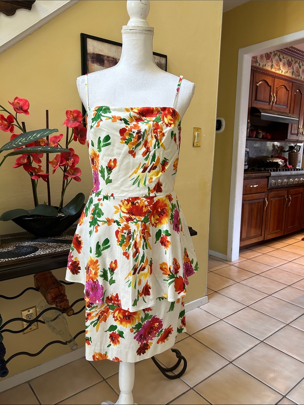 Vtg Y2K Betsy Johnson Strapless Multicolored Floral Peplum Ruffle Sundress Sz 12